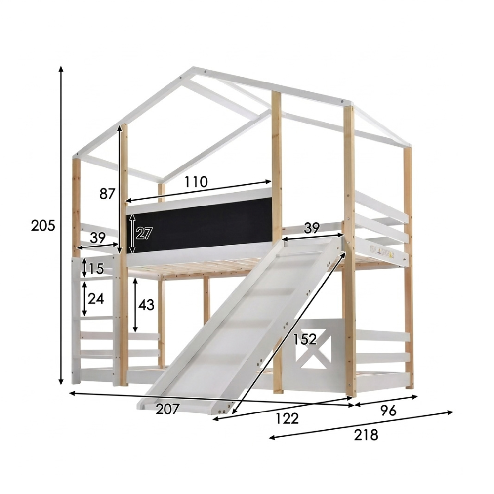 Lit cabane superposé 90x190cm en pin avec toboggan - LUTIN