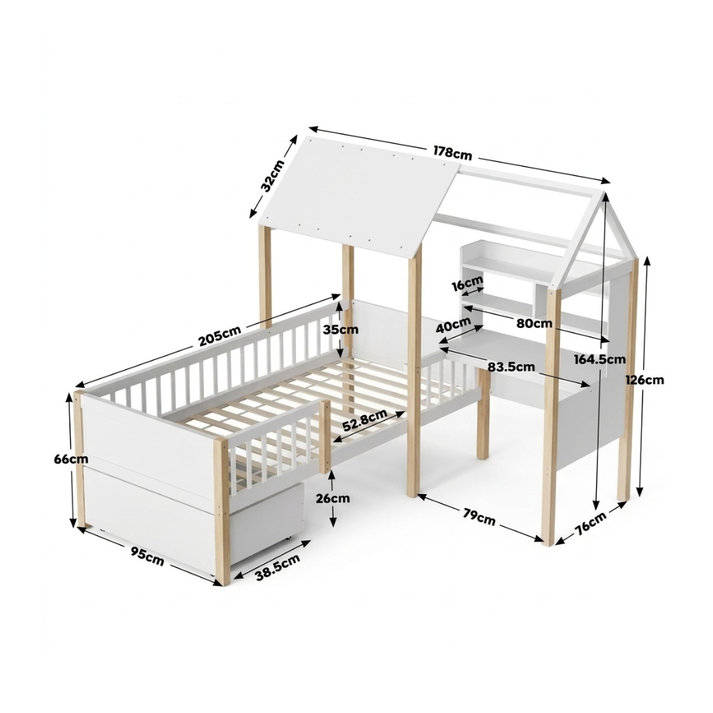Lit cabane avec bureau 90x190cm en pin - MISTRAL