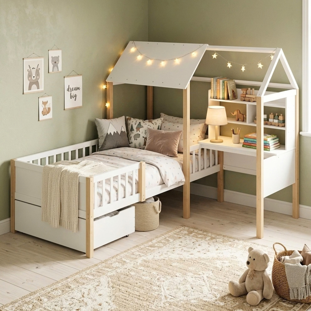 Lit cabane avec bureau 90x190cm en pin - MISTRAL