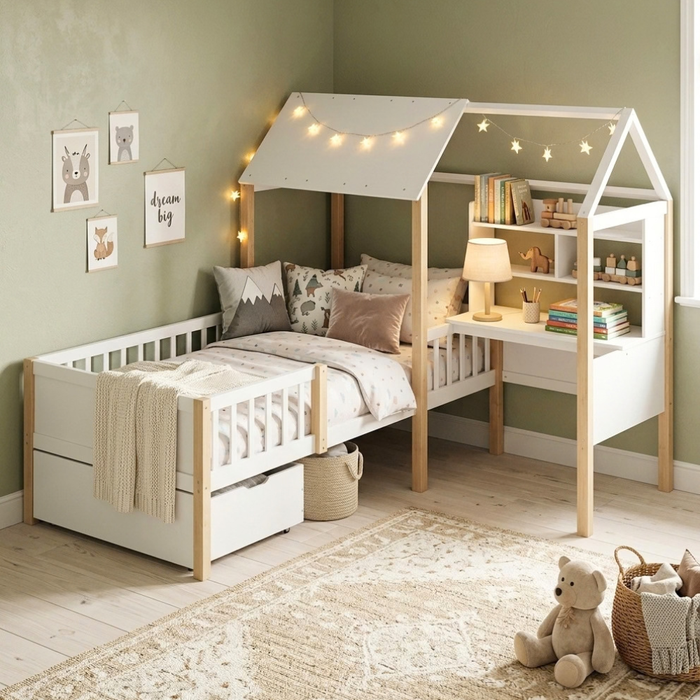 Lit cabane avec bureau 90x190cm en pin - MISTRAL