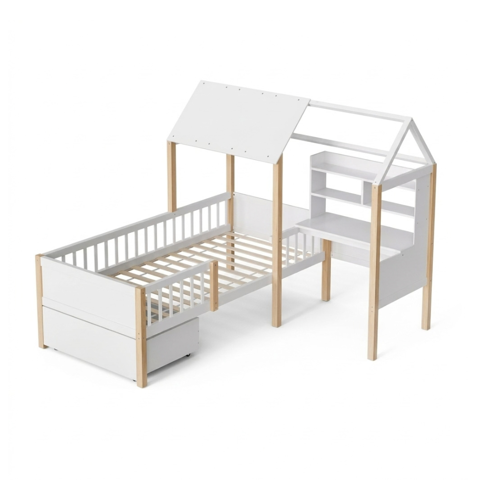 Lit cabane avec bureau 90x190cm en pin - MISTRAL