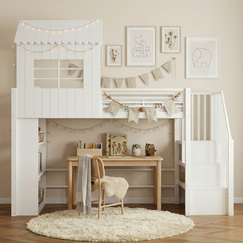 Lit cabane mezzanine 90x190cm blanc - CALI