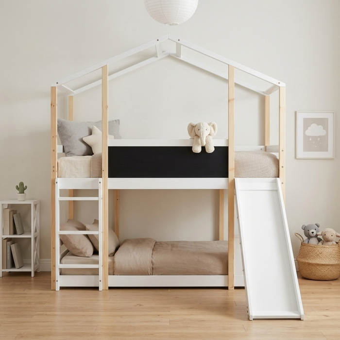 Lit cabane superposé 90x190cm en pin avec toboggan - LUTIN