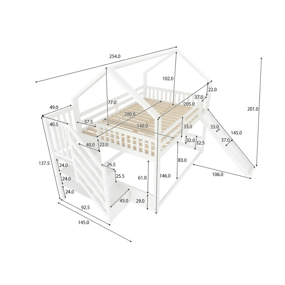 Lit cabane 140x190cm toboggan en pin - PEANUT