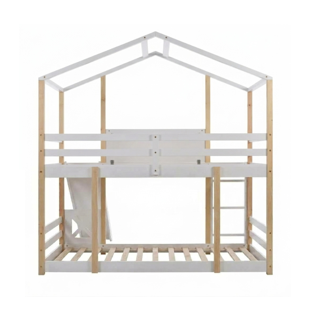 Lit cabane superposé 90x190cm en pin avec toboggan - LUTIN